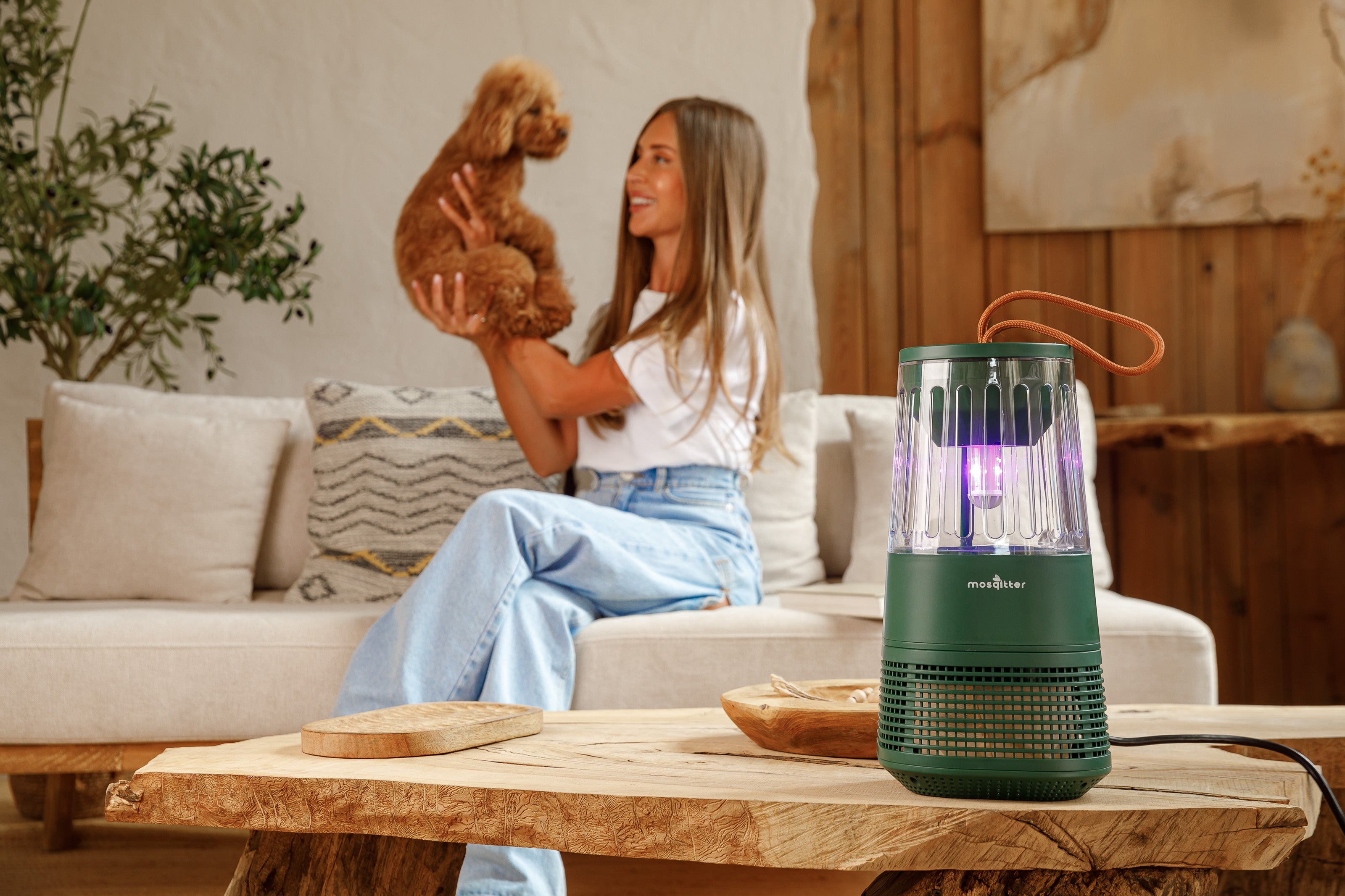 Woman holding a dog in a living room with a green electronic device on a table.